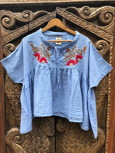 Karuna Blouse - Blue with Red Petals