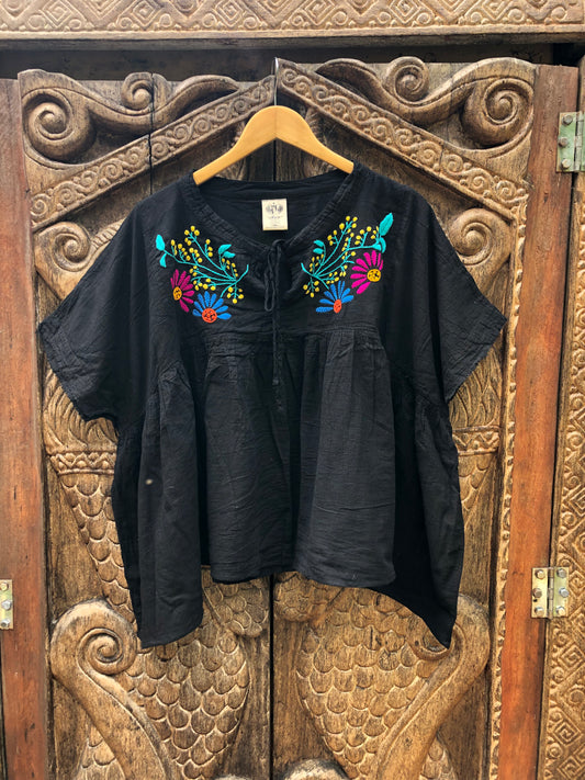 Karuna Blouse - Mexican Fiesta Black with Pink and Blue Petals