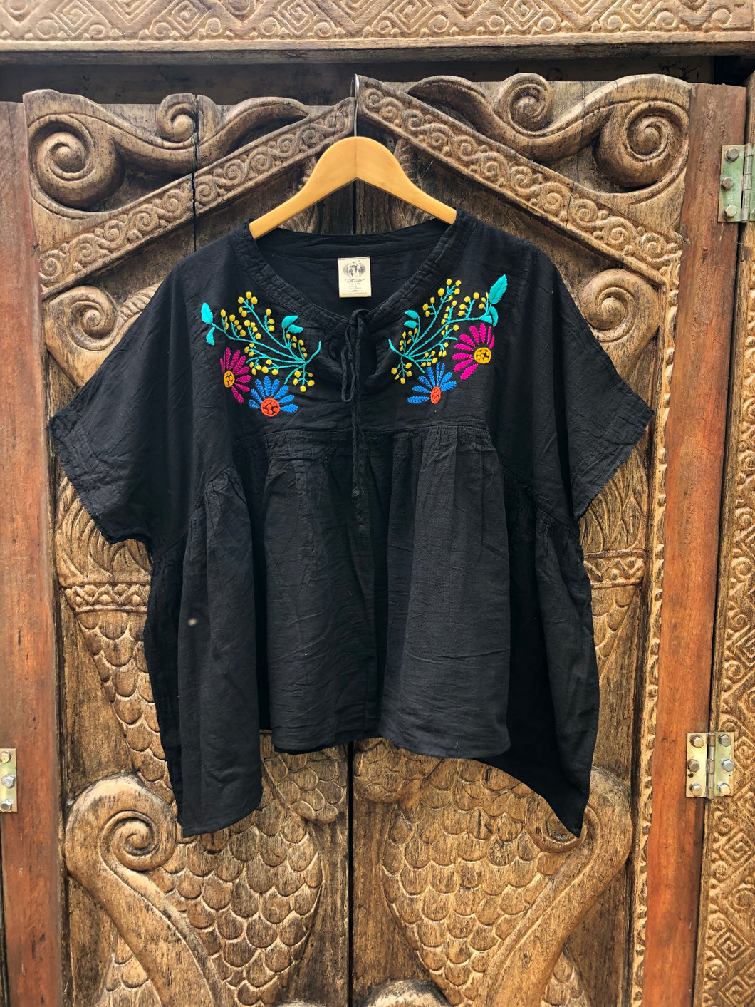 Karuna Blouse - Mexican Fiesta Black with Pink and Blue Petals
