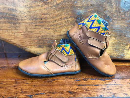 Size 34 Kids Adventure Boots - Blue and Yellow Zigzag on Caramel