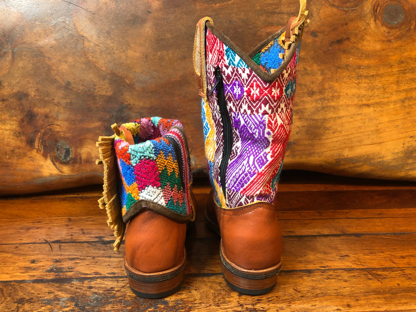 Size 38 - Convertible Cowgirl Boots - Red, Blue, Purple Mayan Birds