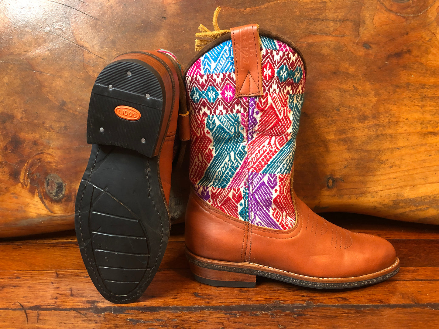 Size 38 - Convertible Cowgirl Boots - Red, Blue, Purple Mayan Birds