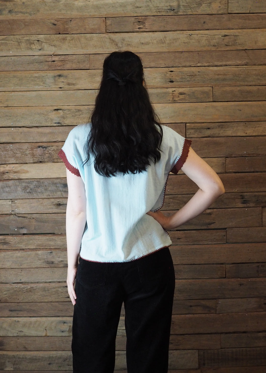Chinese Collar Top - Baby Blue with Rust Trim