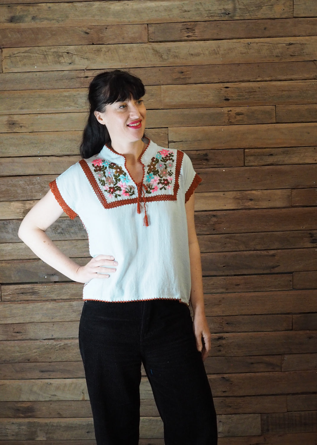 Chinese Collar Top - Baby Blue with Rust Trim