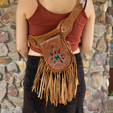 Load image into Gallery viewer, Tan Bohemian Leather Festival Belt with Tassels and Embroidery