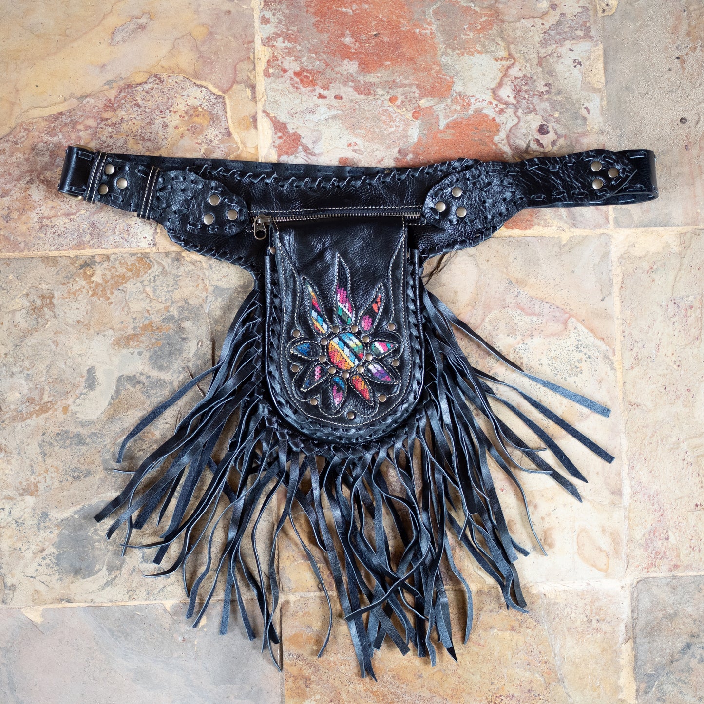 Black Bohemian Leather Festival Belt with Tassels and Embroidery