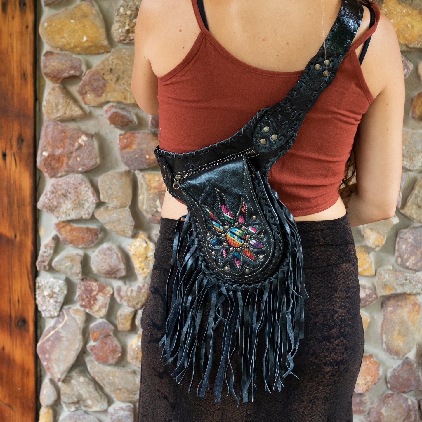 Black Bohemian Leather Festival Belt with Tassels and Embroidery