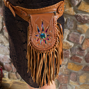 Tan Bohemian Leather Festival Belt with Tassels and Embroidery