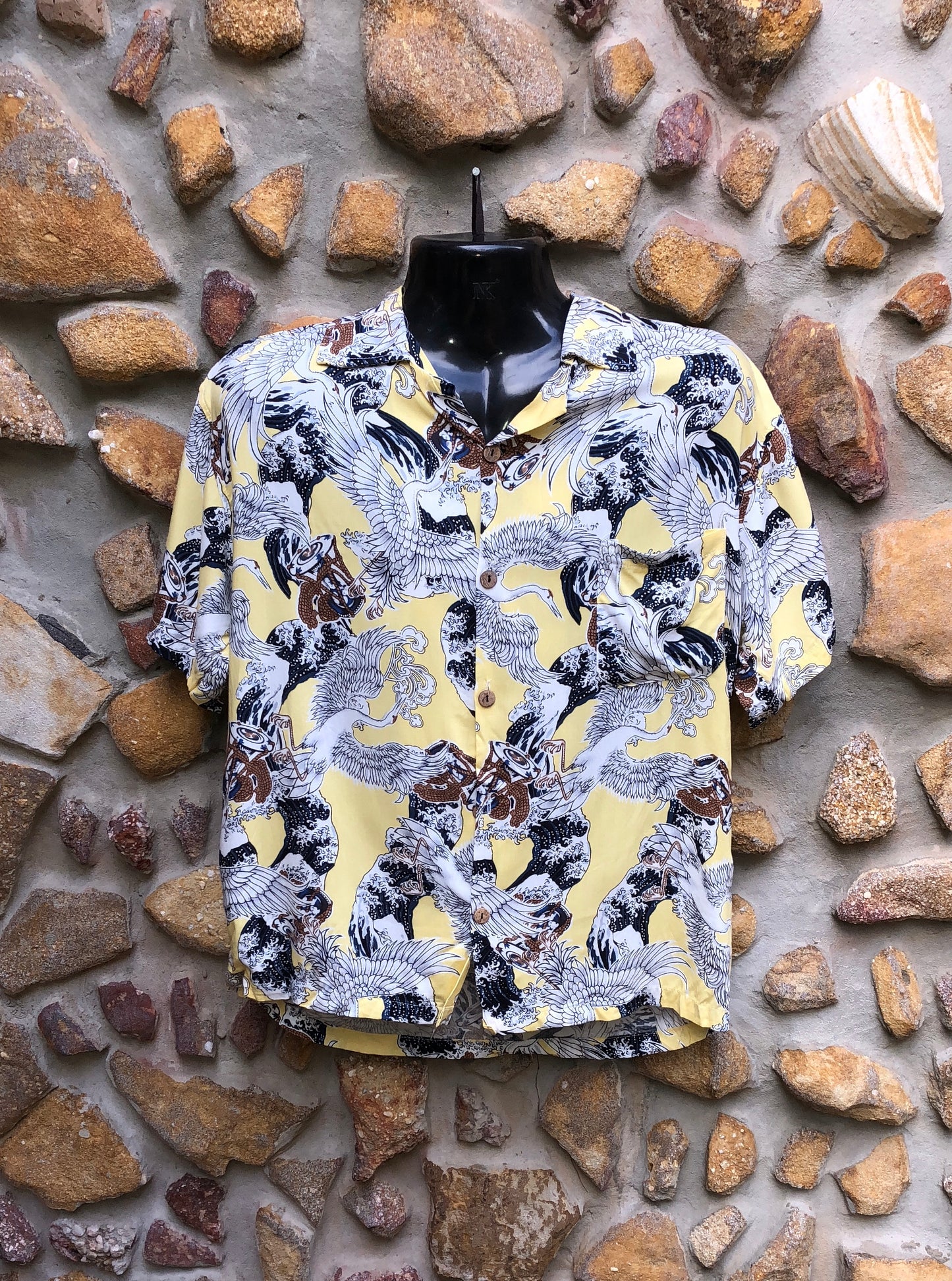 Medium Love Shirt - Cranes on Lemon Yellow Japanese Print
