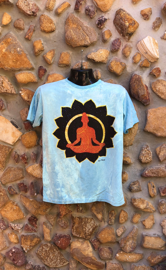 Medium Funky Tee - Orange Buddha in Lotus - Baby Blue