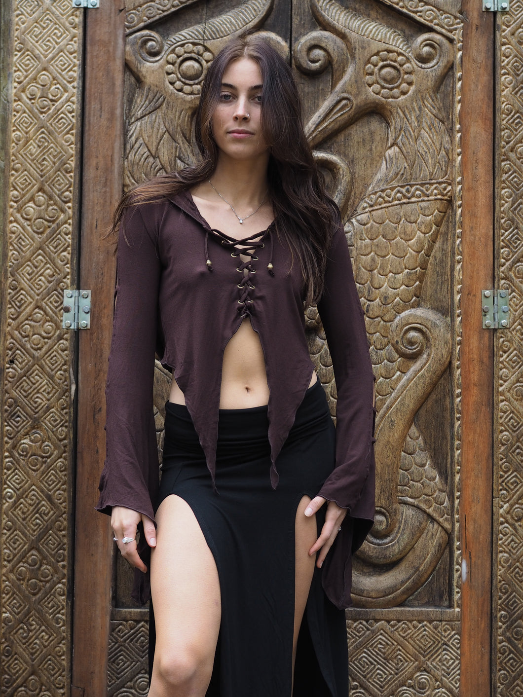 Medieval Hooded Stretch Top - Chocolate