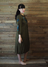 Load image into Gallery viewer, Mexicana Loose Dress Dark Avocado with Blue Floral