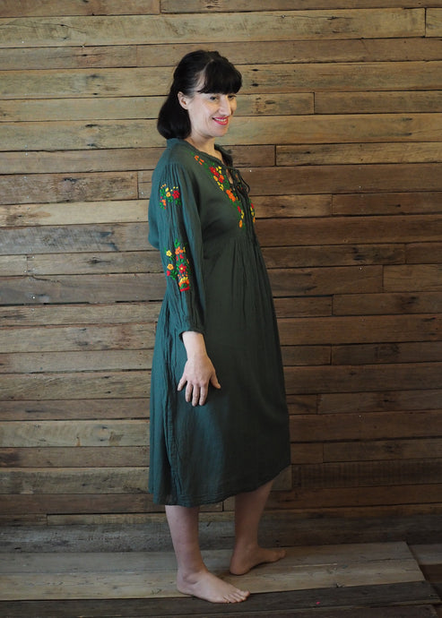 Mexicana Loose Dress Dark Forest Green with Orange
