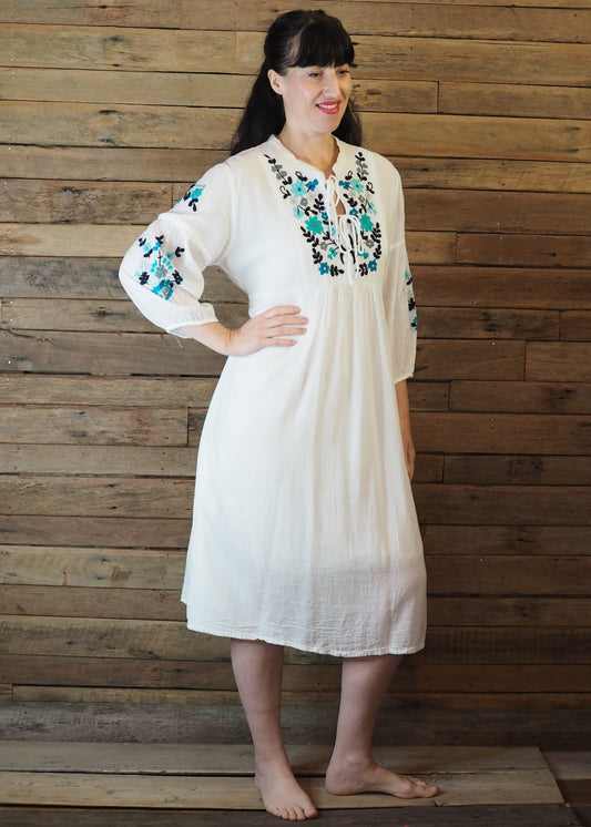 Mexicana Loose Dress White with Blue Floral