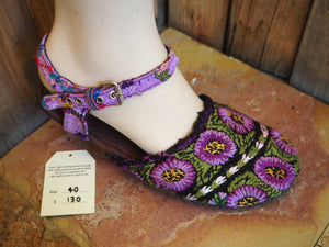 Size 40 Ballerina Sandals - Purple Flowers on Green