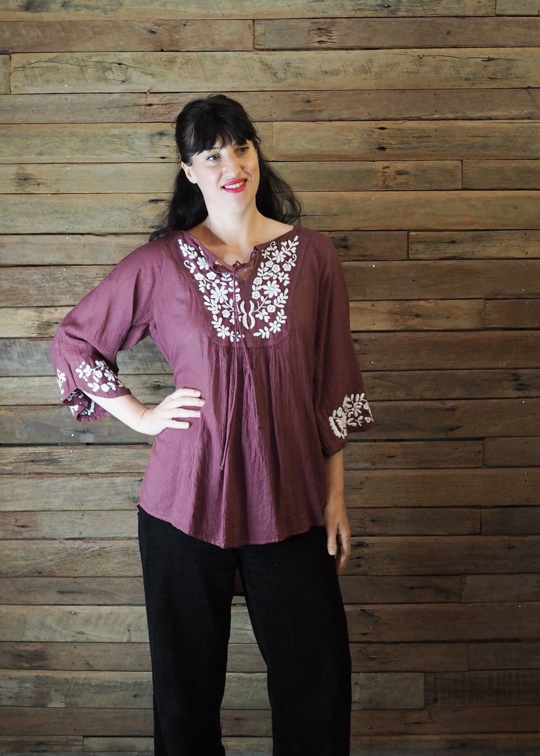 Wildflower Blouse Eggplant and White