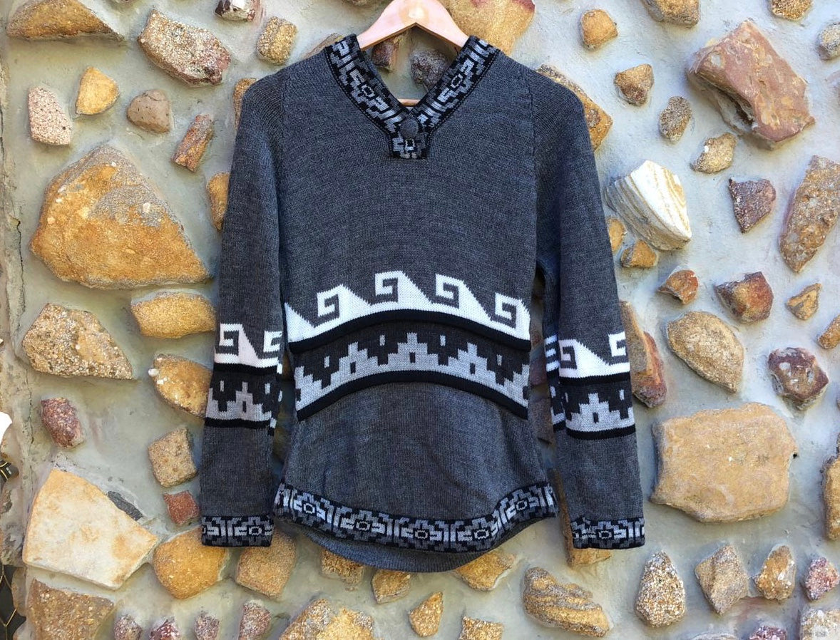 Small - White wave on Charcoal  Alpaca Jumper with Hood