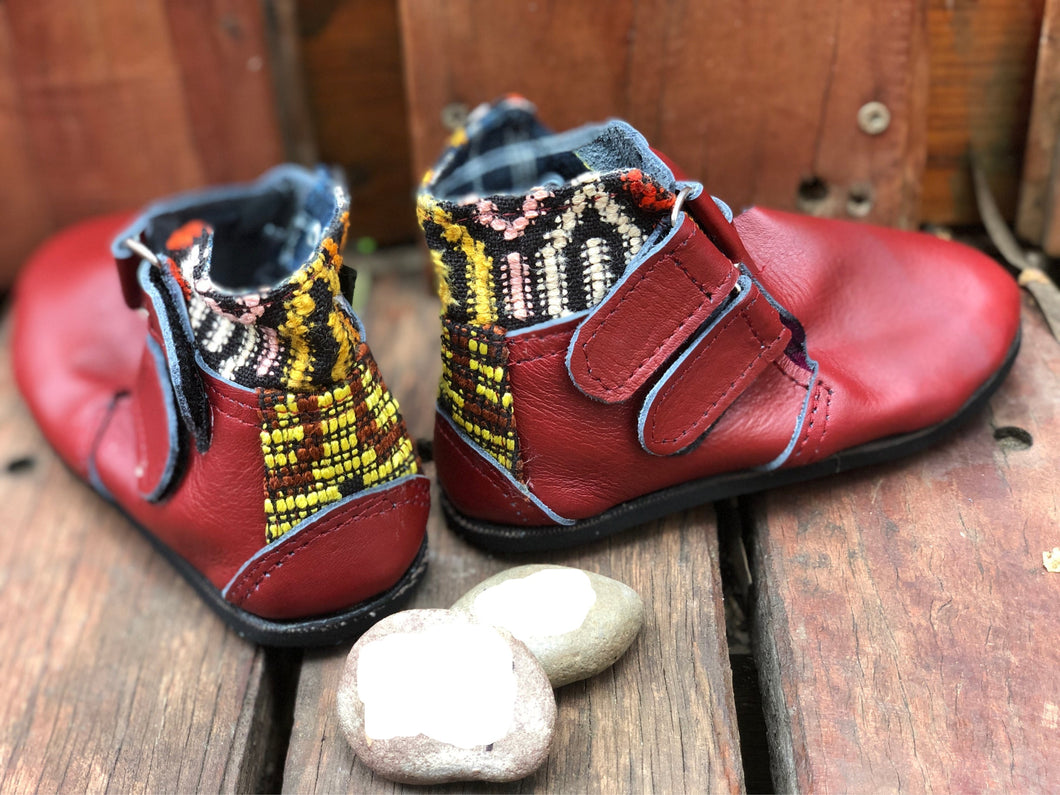 Size 25 Kids Adventure Boots - Red Leather and Yellow Pattern