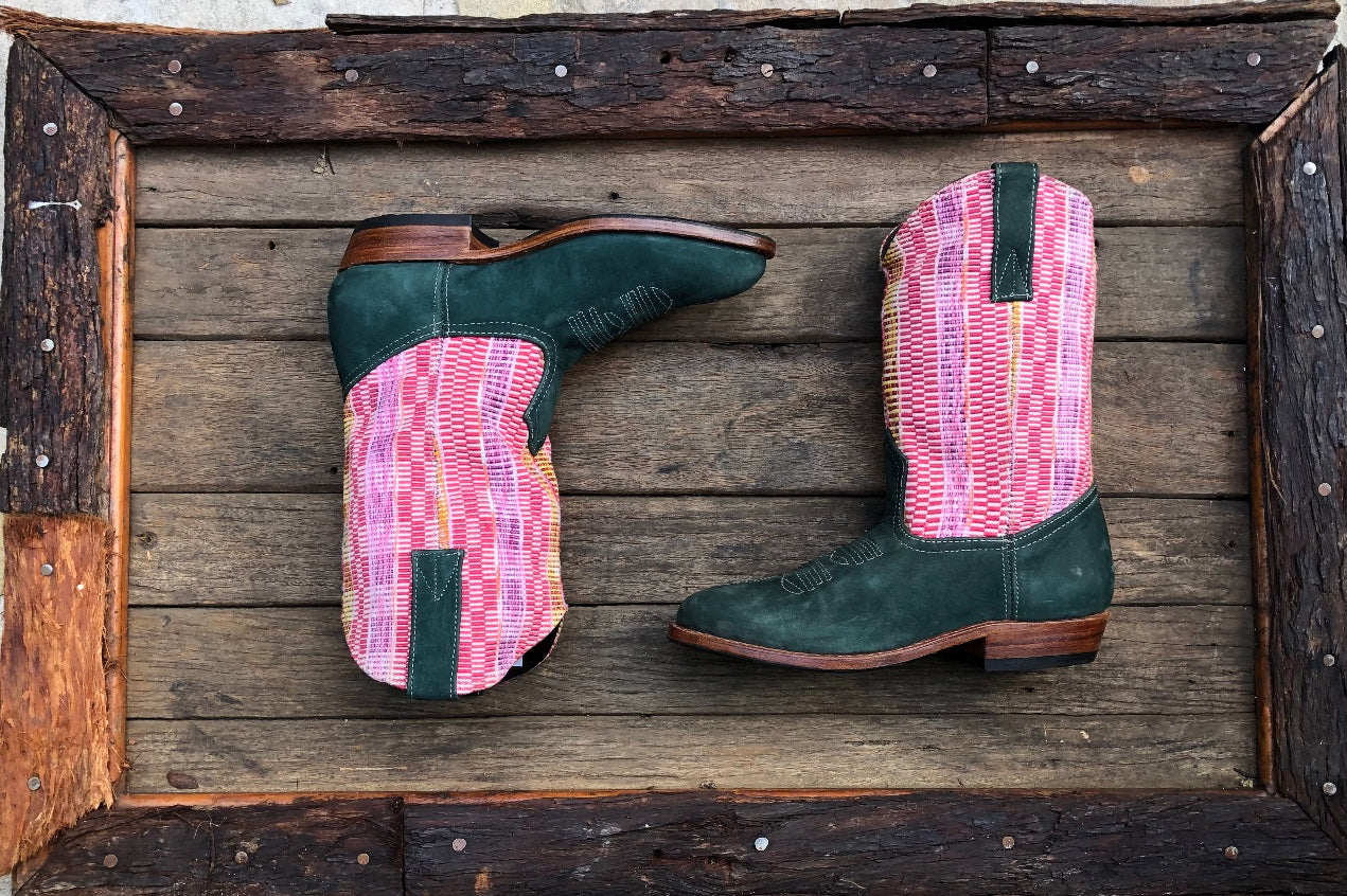 Size 37 Traditional Cowgirl Boot Green Suede with Pink