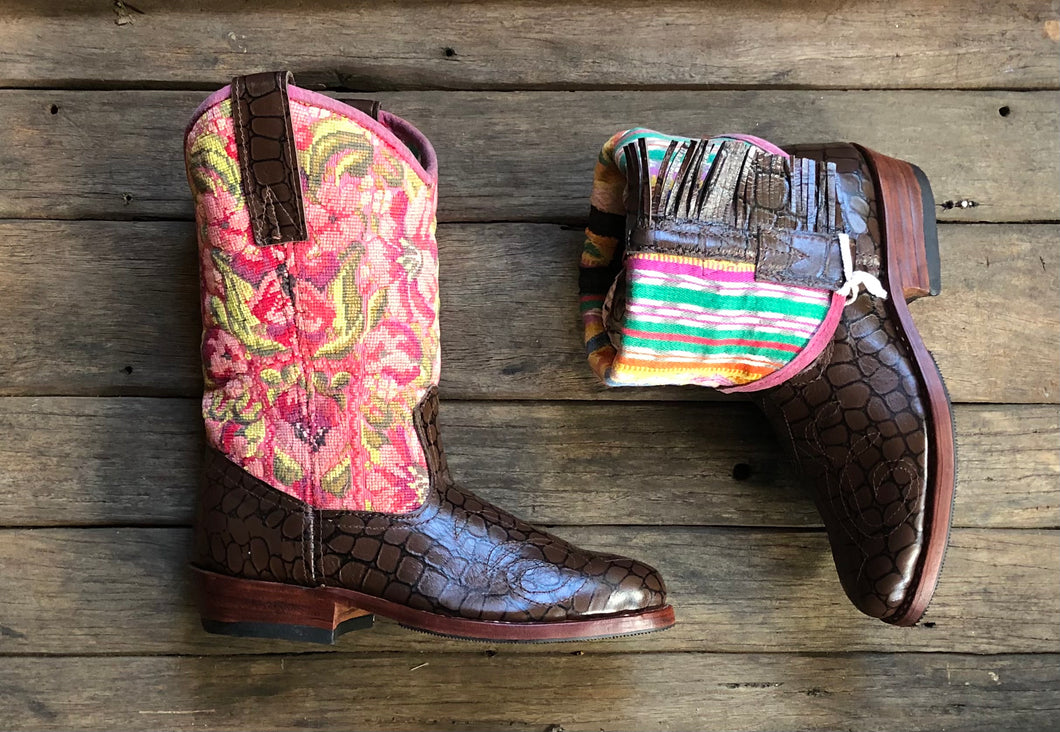 Size 36- Convertible Cowgirl Boots - Peach Flower Garden