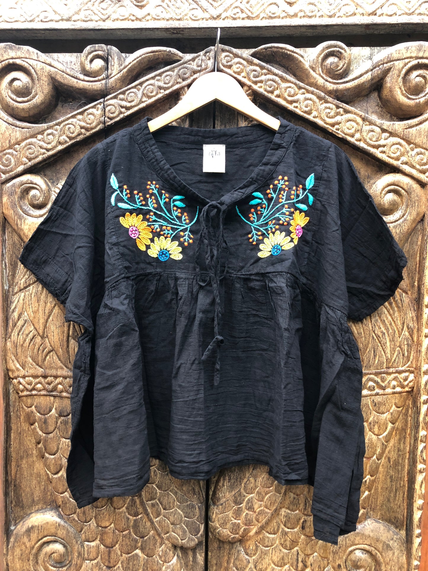 Karuna Blouse - Mexican Fiesta Black with Orange and Yellow Petals