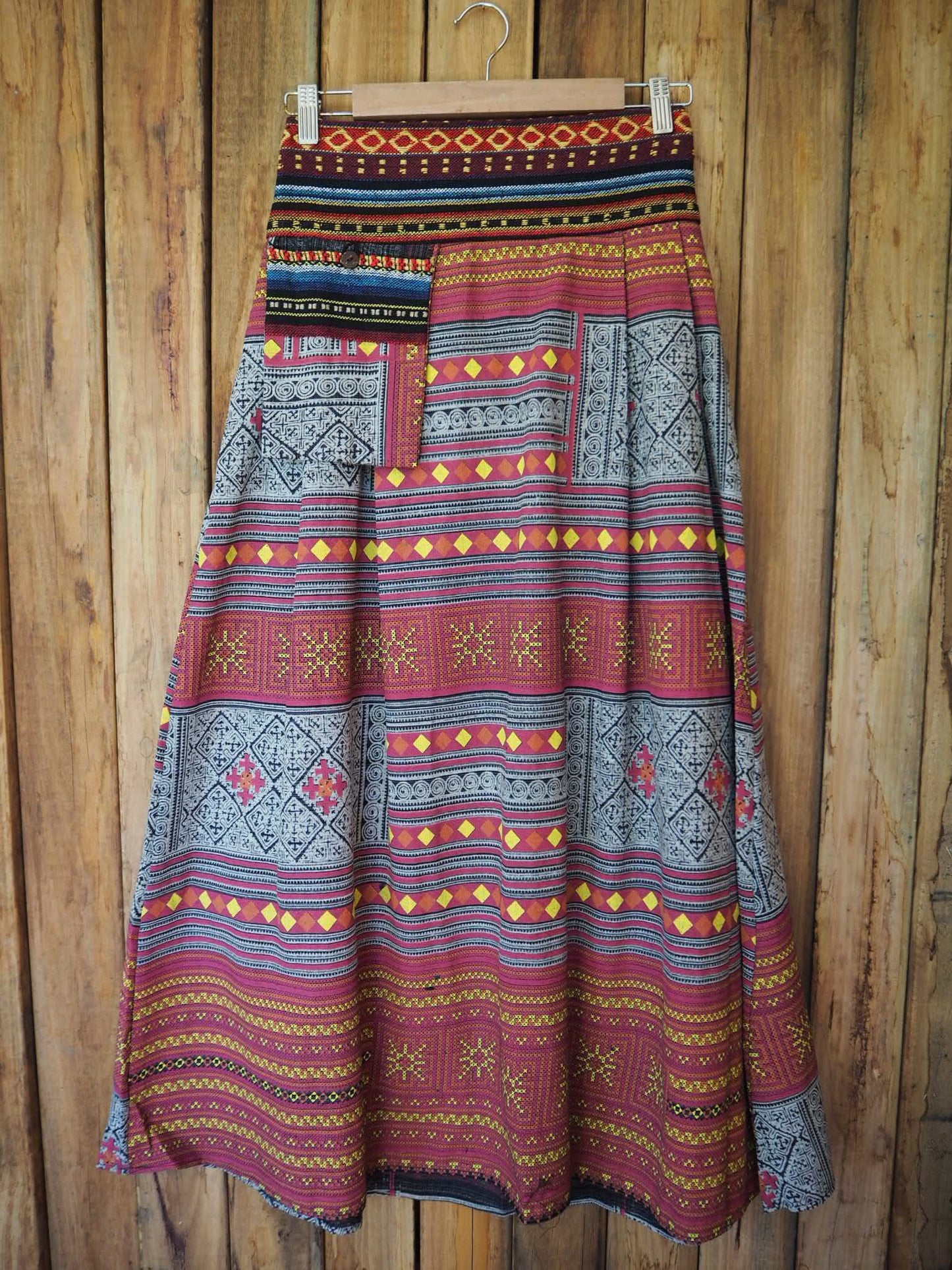 Hill-tribe Long Skirt with Pockets - Pink and Blue