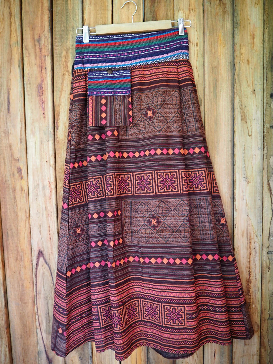 Hill-tribe Long Skirt with Pockets - Pink and Brown