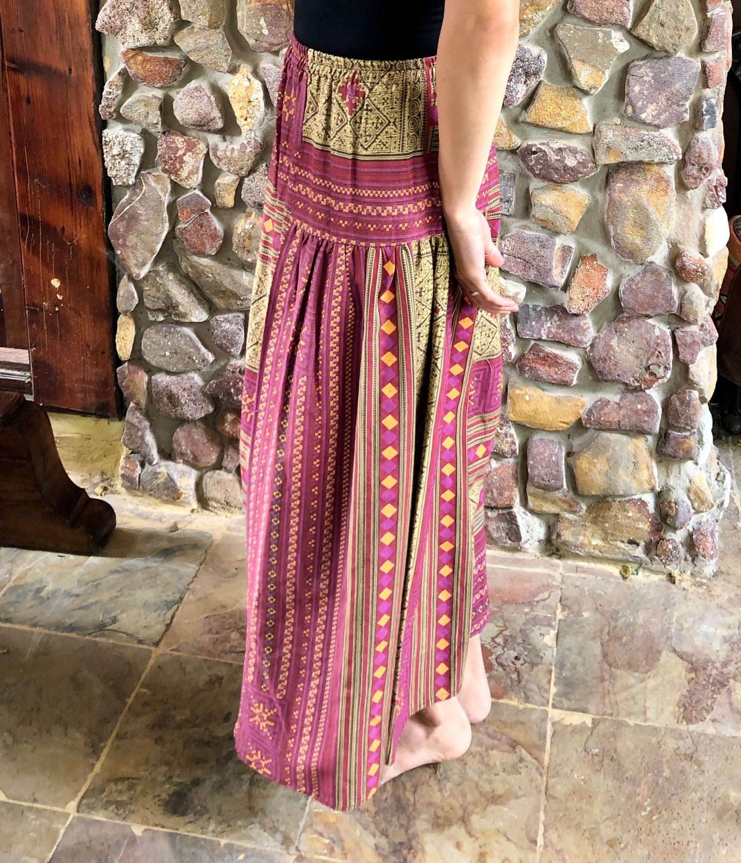 Hill-tribe Long Skirt - Pink and Gold