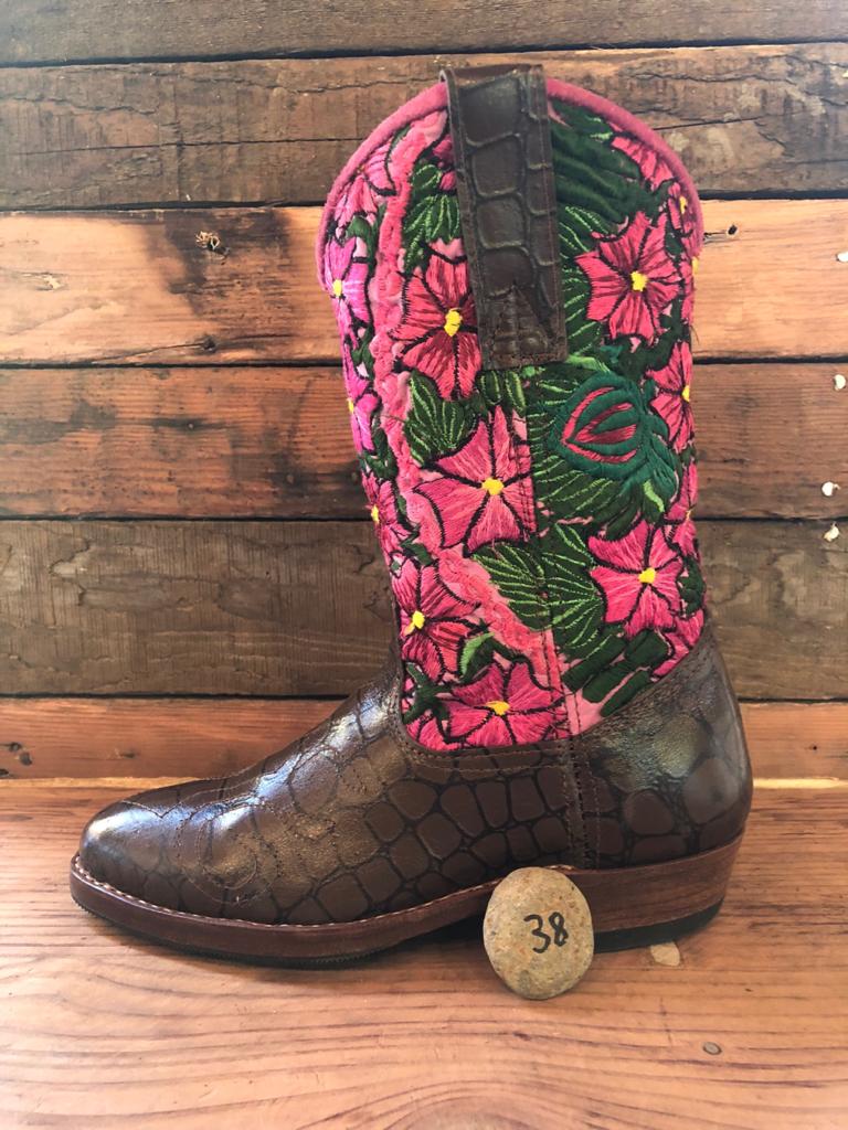 Size 37 - Convertible Cowgirl Boots - Pink Pansies