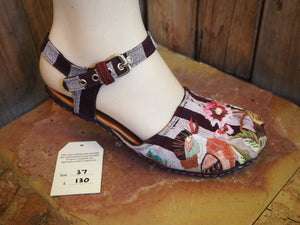 Size 37 Ballerina Sandals - Coloured Birds and Flower on Brown and Tan Stripes