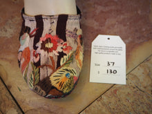 Load image into Gallery viewer, Size 37 Ballerina Sandals - Coloured Birds and Flower on Brown and Tan Stripes