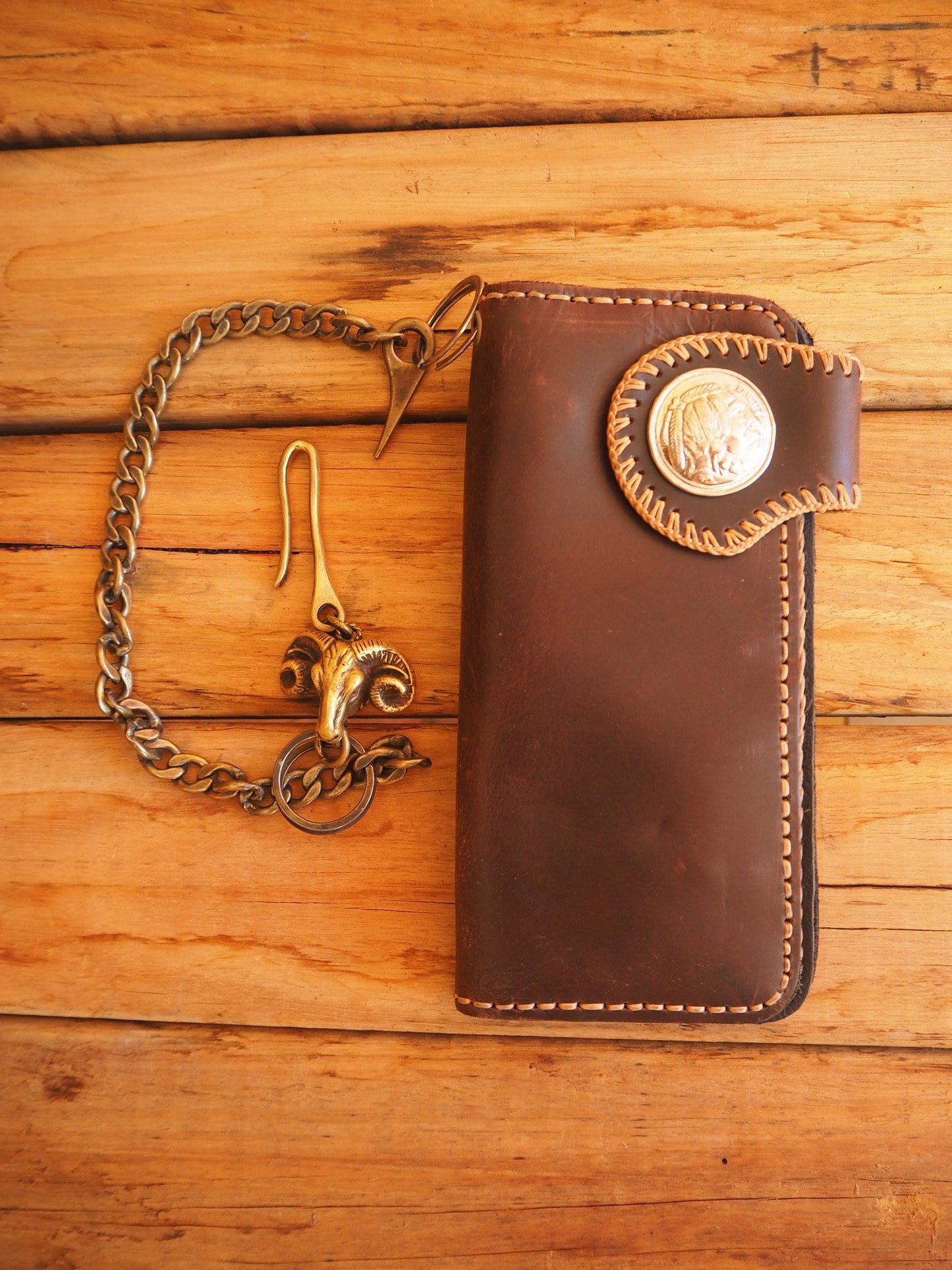 Leather wallet with Brass chain and Bulls Head hook