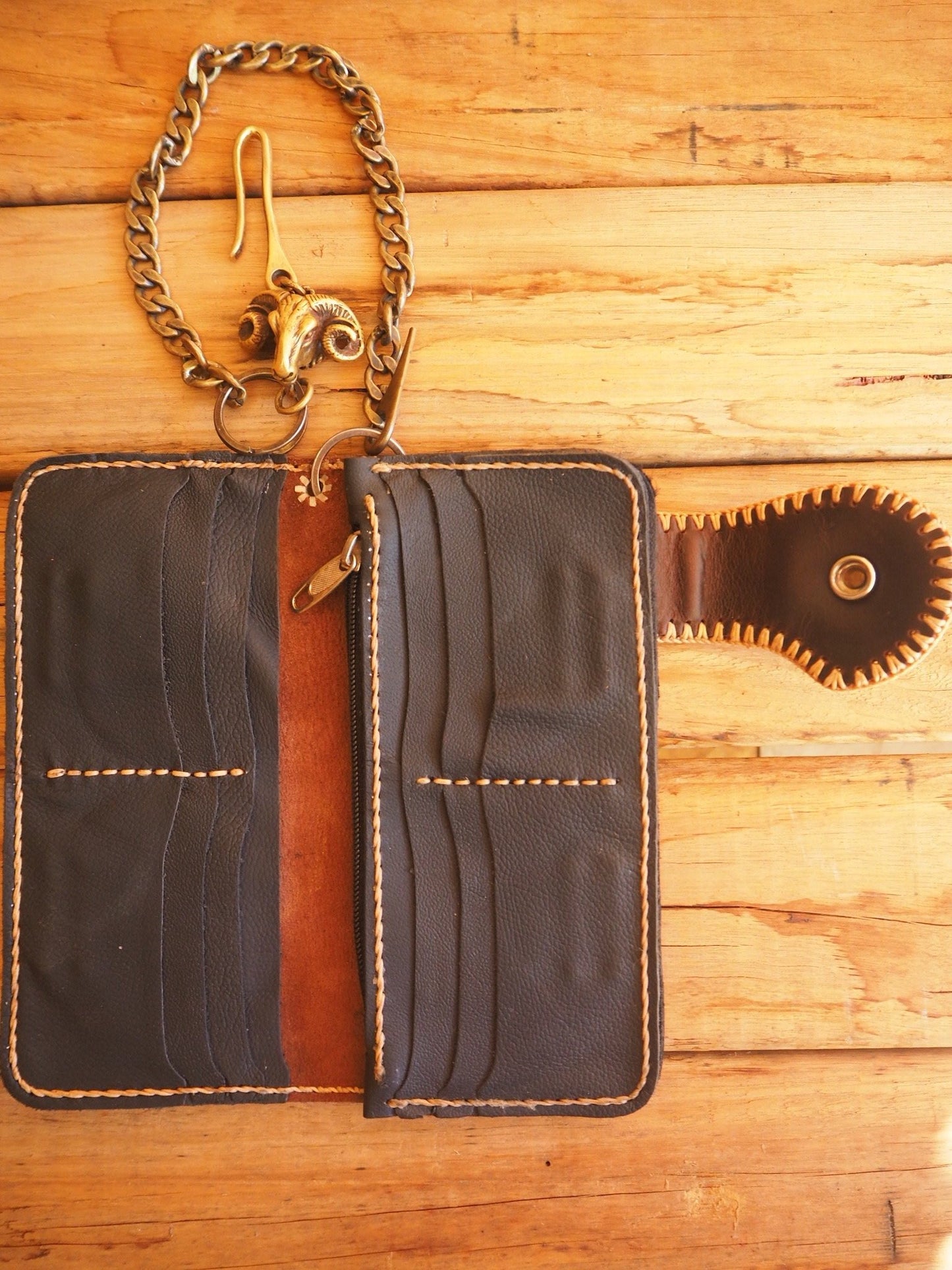 Leather wallet with Brass chain and Bulls Head hook